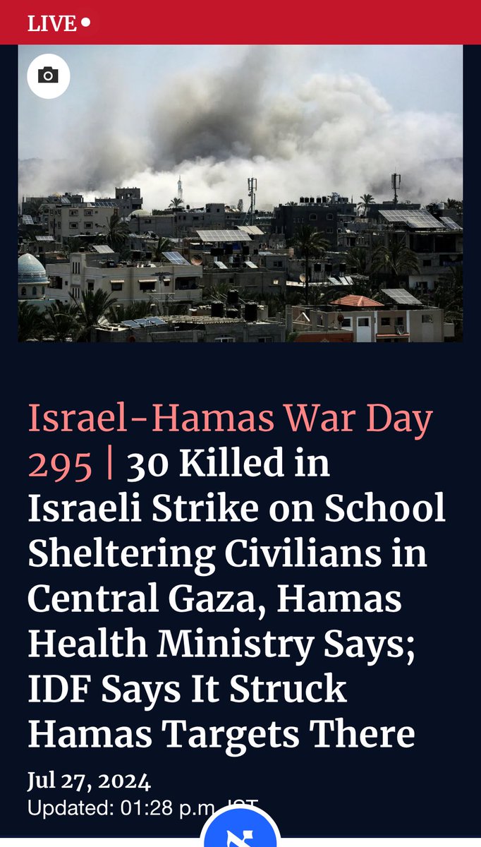 JoeBrolly1993's tweet photo. Another day, another massacre. Israel bomb a school. 30 human beings murdered. Israel says “all Hamas.” The US says “we have asked our partners in Israel to investigate” and so it goes. https://t.co/BEJx2qmKZs