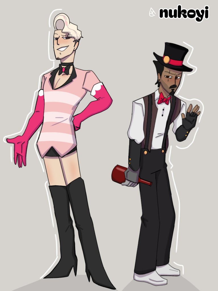 nukoyi's tweet photo. Ambrosius wearing angeldust's clothes and Ballister wearing Husk's clothes! (Had to improvise a bit) 
 #Nimona #BallisterBoldheart #AmbrosiusGoldenloin #HazbinHotel https://t.co/Qc45ZwNcO1