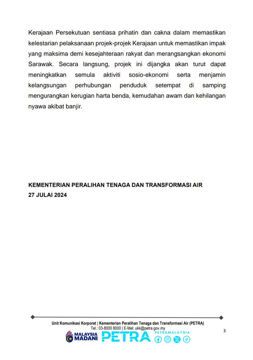 [Kenyataan Media]

JPS SERAH LIMA (5) PROJEK SIAP BERNILAI RM52 JUTA KEPADA SARAWAK

#PETRA
#MalaysiaMADANI