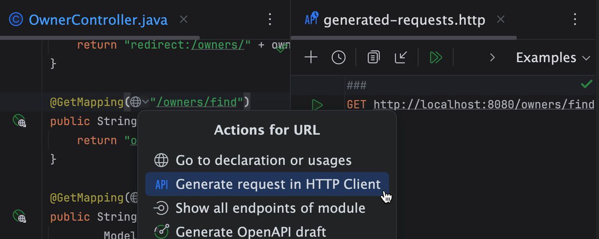 intellijidea's tweet image. Need to test a web service? With #IntelliJIDEA&apos;s built-in HTTP Client, that’s easy. Create #HTTP requests right in the IDE!

Just click the 🌐 icon next to the URL in your code and select “Generate request in HTTP Client”.

👉 Learn more: jb.gg/http-client
#IntelliJIDEATips