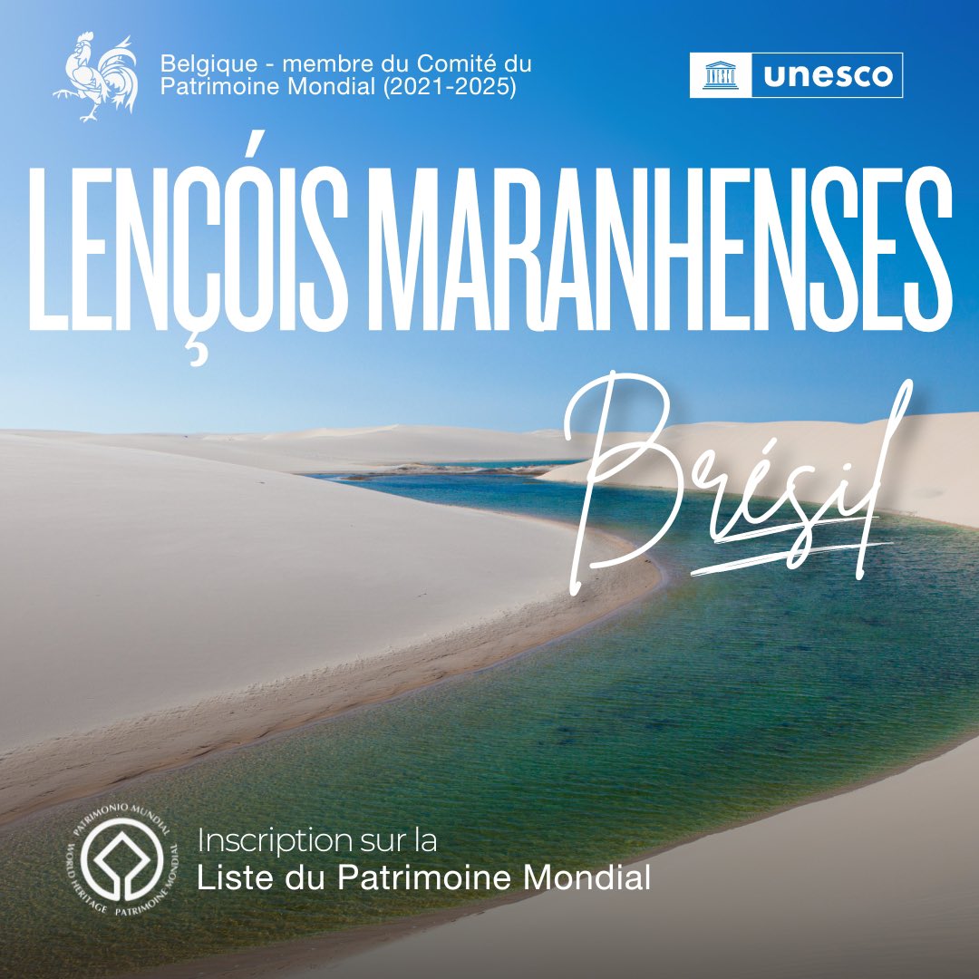 🏛️ Bravo au Brésil ! 🇧🇷🎉 
Le Parc national de #LencóisMaranhenses entre au Patrimoine Mondial ! 

Un trésor de dunes et lagons à couper le souffle. ⭐️

#46COM #46WHC #Brazil #Brasil #Wallonie #UNESCO