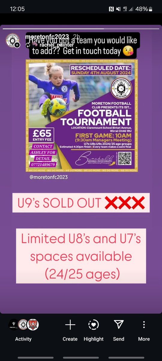 Spaces are available for our tournament next Sunday <a href="/ClareMountSSC/">Clare Mount Specialist Sports College</a> <a href="/Moreton118891/">Moreton Football Club Mens 1</a> 
<a href="/Teamgrassroots_/">Grassroots</a>