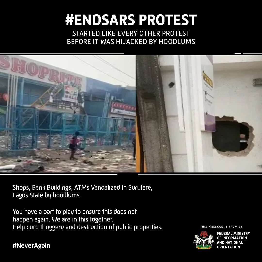 FMINONigeria's tweet photo. #EndSARS Protest started like every other protest before it was hijacked by hoodlums #NeverAgain https://t.co/IgQqgRcL6L