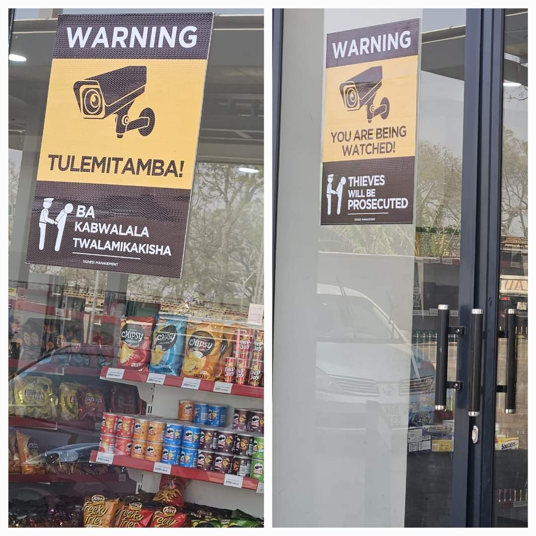 LauraMiti's tweet photo. Bembas, I wonder why this shop, deep in Nyanja speaking  Lusaka, has its Zambian language warning to thieves, only in Bemba🤔🏃🏾‍♀️? https://t.co/JHskJSFUKz
