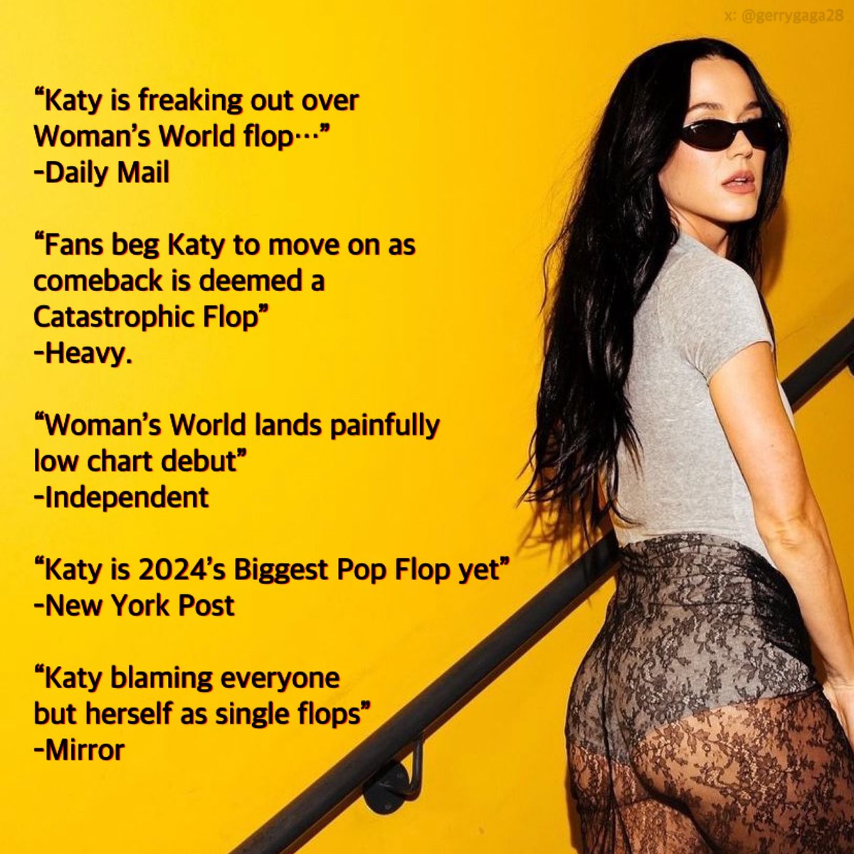 gerrygaga28's tweet photo. Katy Perry is stormed with embarrassing headlines after WOMAN’S WORLD flopped. The Dr. Luke produced-song did NOT debut on Spotify Weekly Global.
Katy’s fans bodysh*med Kesha & Lady Gaga while Katy was flopping.
#Karma Dance Cover by Gerry Gaga
OUT NOW: https://t.co/MjkICLXbOs https://t.co/pMfn35I6Yt