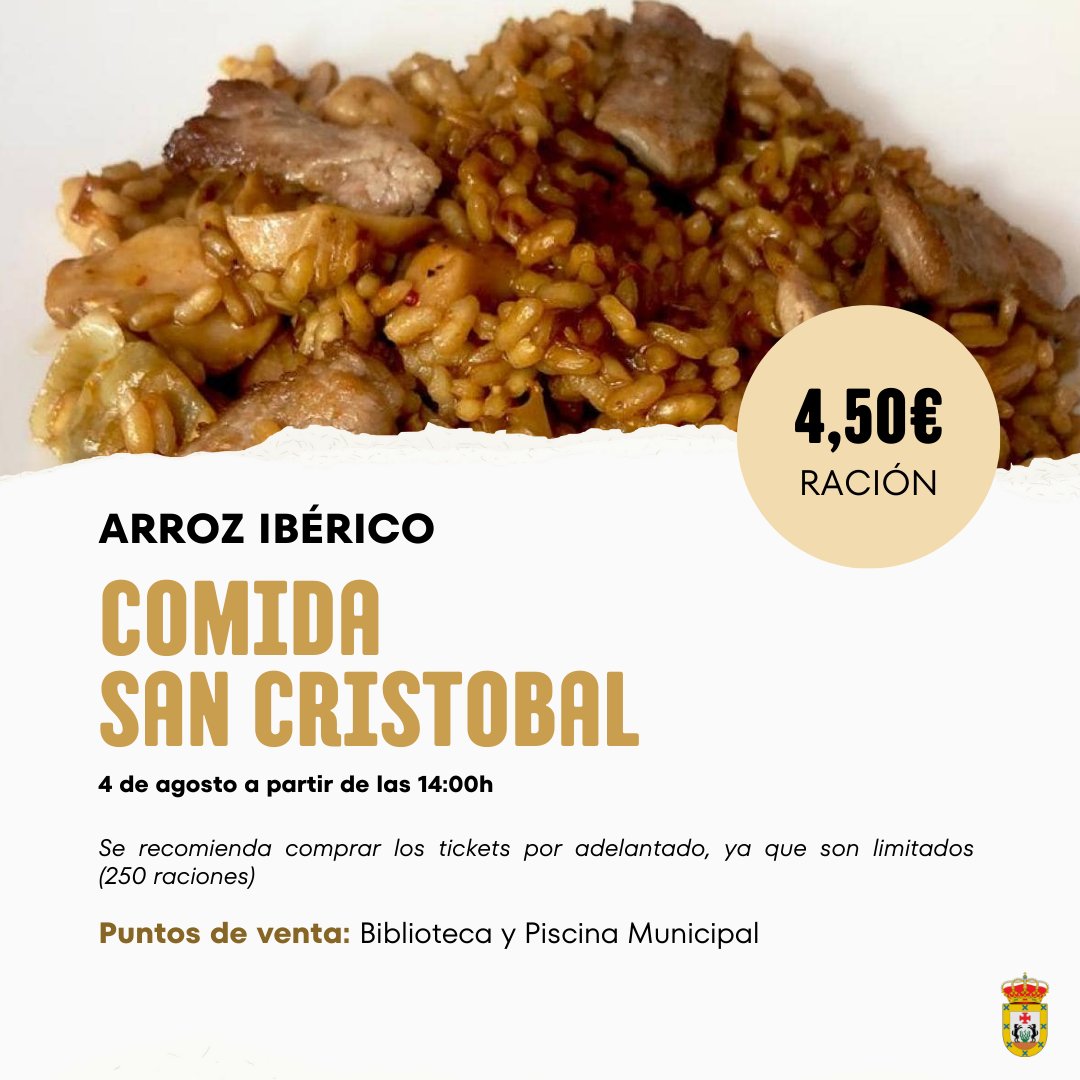 Se informa que este San Cristobal tendremos raciones de Arroz ibérico.Puedes adquirir tu ticket en la taquilla de la piscina o en la Biblioteca Municipal.

Precio: 4,50€

¡No te quedes sin el tuyo!