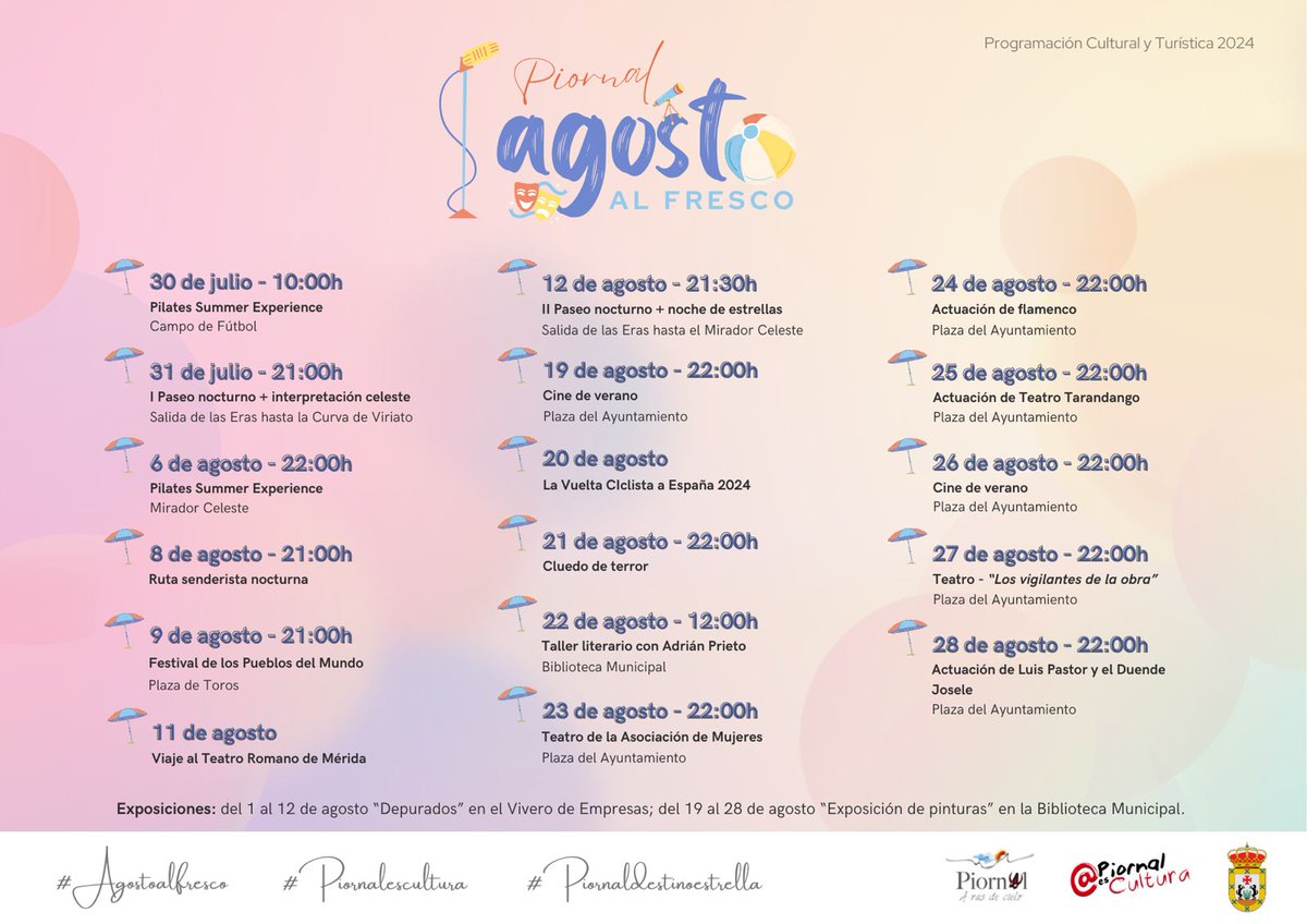 🌌🎨🎭 Os presentamos las actividades Culturales y Turísticas que se llevarán a cabo en Piornal durante el mes de agosto

#Agostoalfresco #Piornalescultura #Piornaldestinoestrella #DescubrePiornal <a href="/piornalturismo/">Turismo de Piornal</a>