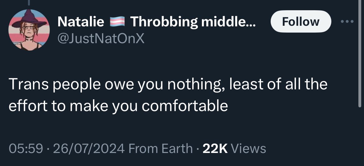 Oh I am so glad we don’t owe each other anything. 

So, we don’t owe you:

- use of pro/nouns 
- use of preferred names 
- HRT and surgery on taxpayer money 
- the ability to indoctr!nate our kids 
- access to women’s spaces 
- any respect whatsoever

Glad we cleared that up.