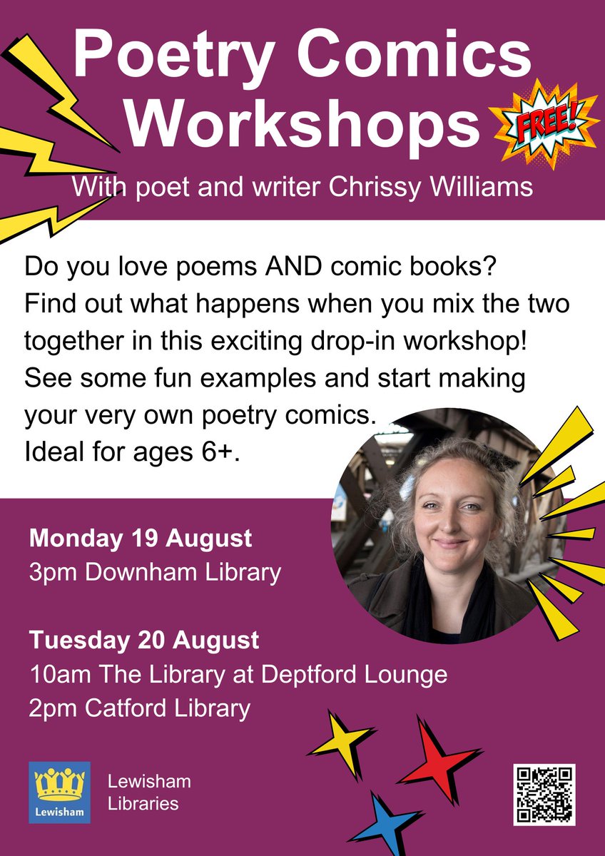Lewisham Libraries (@lewishamlibs) on Twitter photo Join us for an exciting workshop where you will create your own poetry comics with poet, editor and writer, <a href="/chrissywilliams/">Chrissy Williams</a>
19 August: 3pm <a href="/DownhamLibrary/">Downham Library</a>
20 August: 10am at The Library <a href="/DeptfordLounge/">Deptford Lounge</a>
and 2pm at #CatfordLibrary
Ideal for ages 6+. Free, no need to book Join us for an exciting workshop where you will create your own poetry comics with poet, editor and writer, <a href="/chrissywilliams/">Chrissy Williams</a>
19 August: 3pm <a href="/DownhamLibrary/">Downham Library</a>
20 August: 10am at The Library <a href="/DeptfordLounge/">Deptford Lounge</a>
and 2pm at #CatfordLibrary
Ideal for ages 6+. Free, no need to book
