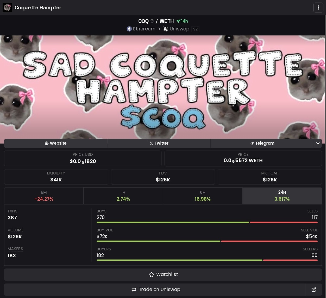 Coquette_erc20's tweet photo. Uh i think i updated this weird token site with links.
Make me famous pls 🥺
$COQ

https://t.co/uc6AgZObXz https://t.co/yeG42Obn7n