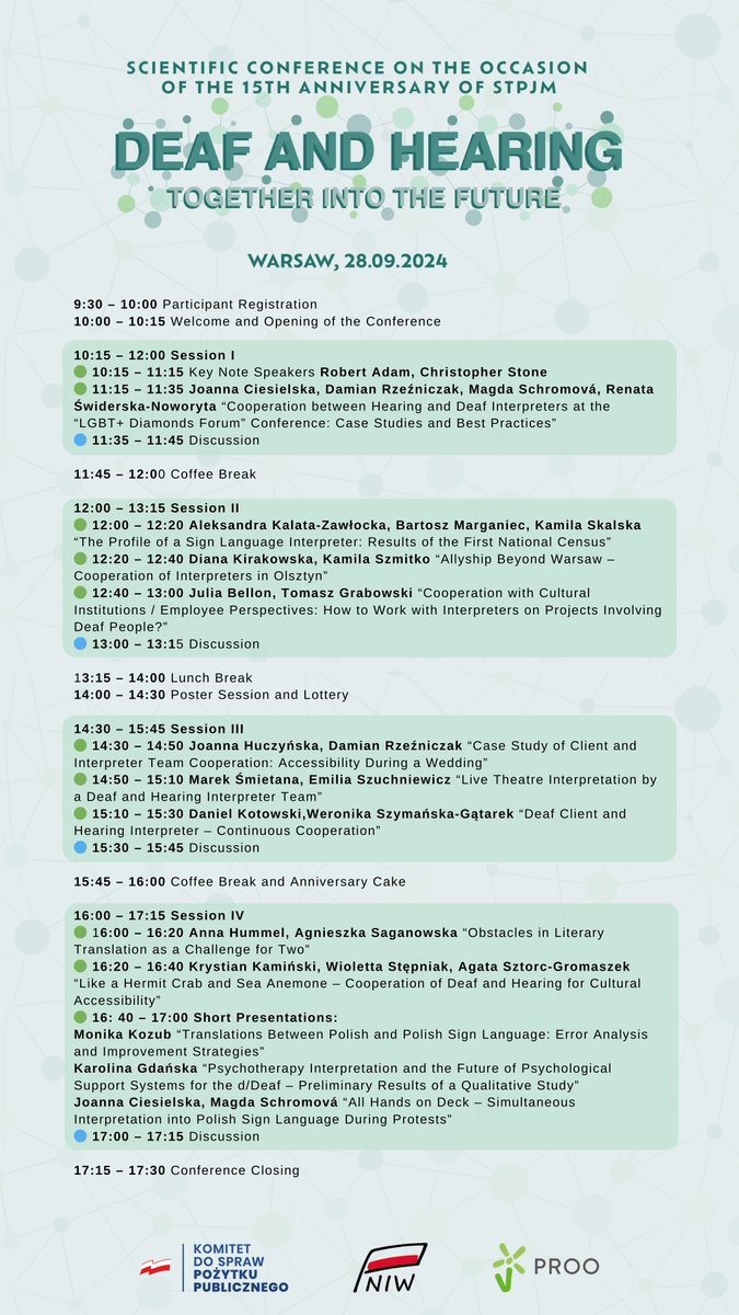 🎉 The program for the "Deaf and Hearing Together into the Future" conference is now available! 📅 Register now👉 bit.ly/STPJMconferenc…📣 Spread the word! 
Co-financed by <a href="/niwcrso/">Narodowy Instytut Wolności</a> #PROO