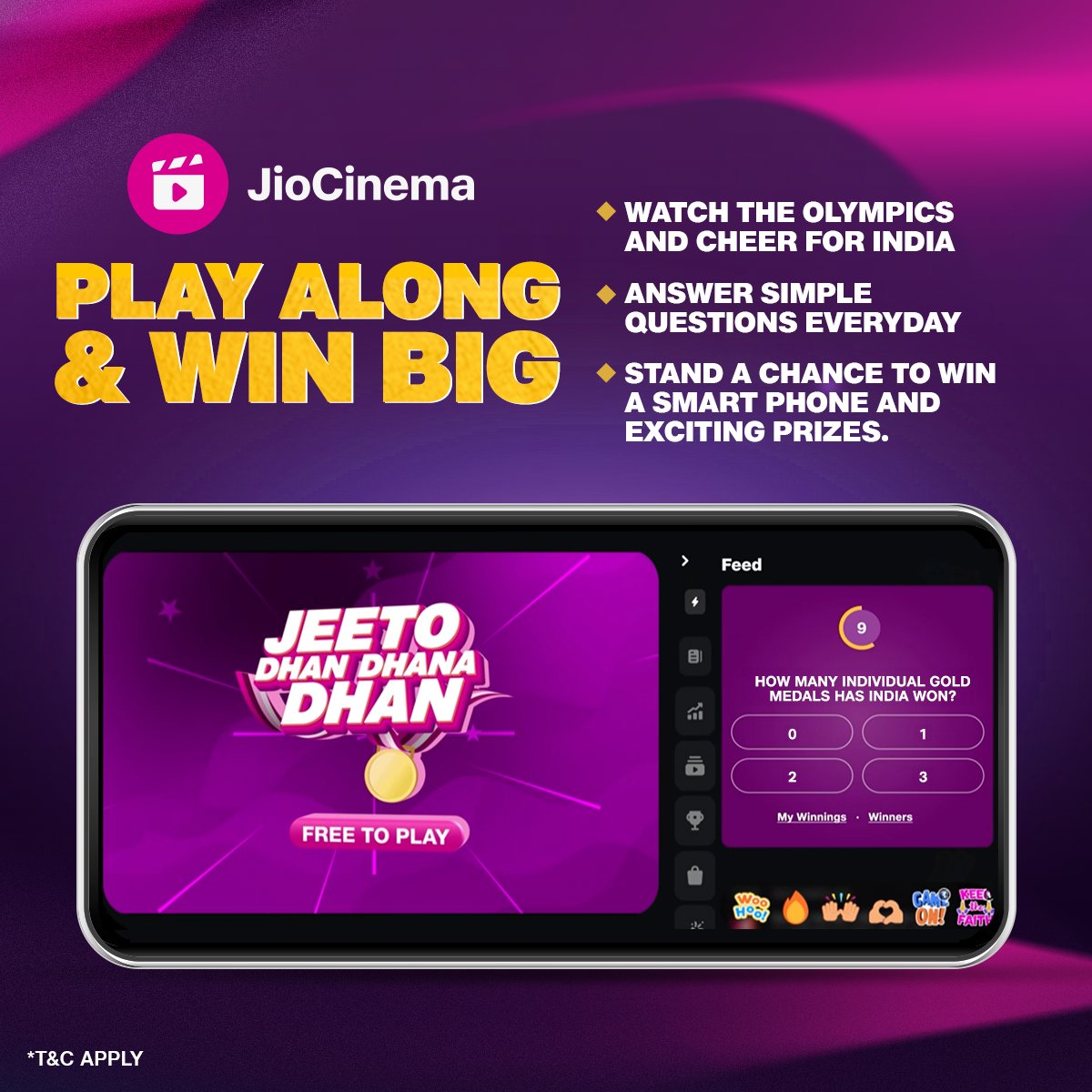 The Games have begun! Get ready for #JeetoDhanDhanaDhan 🎉🥳

Answer simple questions every day of the Olympics and stand a chance to win smart phones &amp; more!

*T&amp;C Apply, 18+

#OlympicsonJioCinema #OlympicsonSports18 #JioCinemaSports #Paris2024