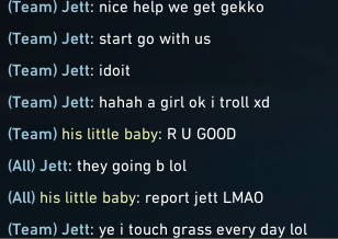 4boopp's tweet photo. Just received a 3 day ban because I stood up for myself against a sexist throwing teammate and sexist enemy team. Was a miserable game and genuinely upset me. How do I get punished for existing and they get away with it? @VALORANT @riotgames @RiotSupport pls do the right thing ! https://t.co/sUeGiAberN
