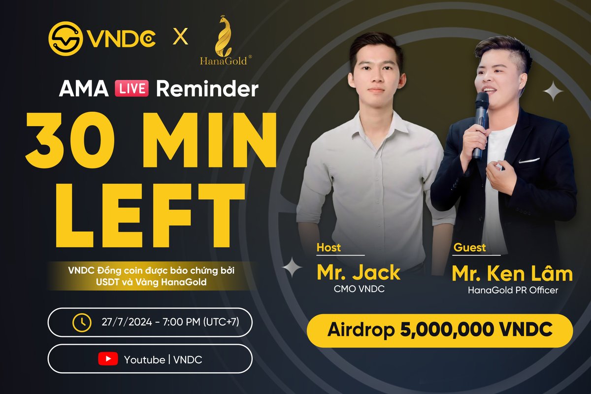vndc_v2's tweet photo. ⭐️REMINDER: VNDC x HanaGold AMA on YOUTUBE 

🚀 Less than an hour to go! We are going to live with topic: VNDC - The coin backed by USDT and HanaGold.

Don't miss this exciting event! Tune in for insights and a chance to win big!

Detail here: https://t.co/T2ON3tKBa4 https://t.co/kHVXuVc1gM