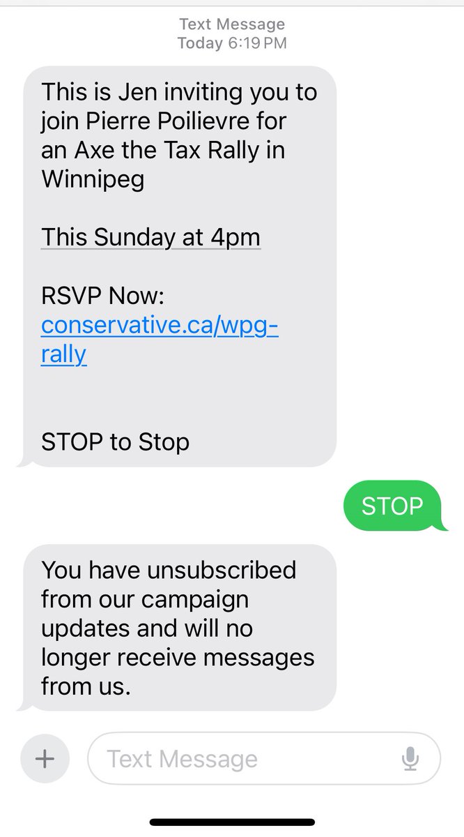 Hey, <a href="/PierrePoilievre/">Pierre Poilievre</a> I didn’t unsubscribe, I never subscribed to texts from your party in the first place. 

Your entire policy platform consists of putting together 3 words that rhyme. It’s almost like you think we are all stupid. #NeverThePoiliever
