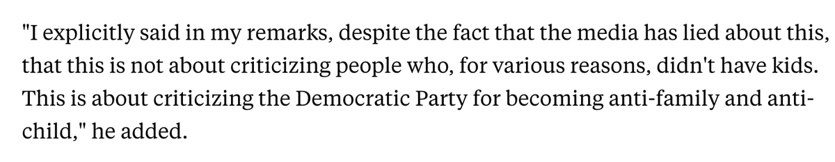 crampell's tweet photo. One thing lost in "childless cat lady" brouhaha is the more substantive claim Vance said he was making.
Vance said his point was that Dems are "anti-family &amp; anti-child." 
What nerve. Look at the parties' actual policies to see which is "anti-family" 🧵
https://t.co/1wbaXhI7Fd https://t.co/2vu4jTggdv