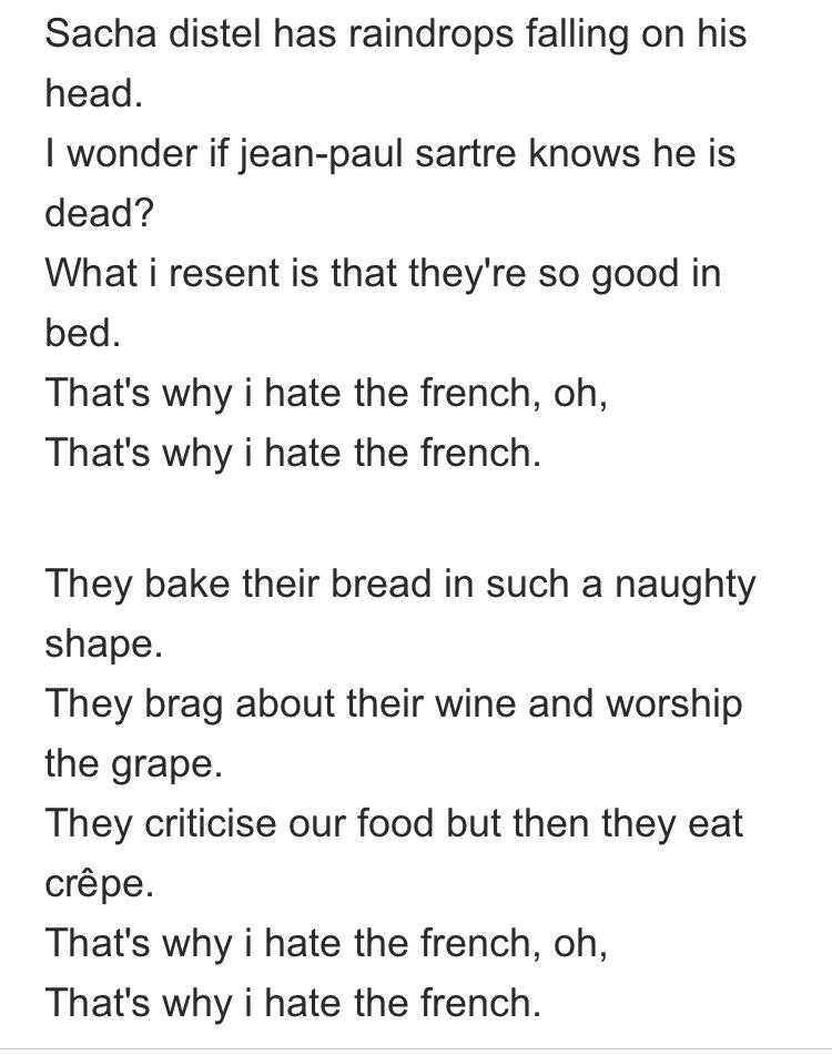 Saw Rowan Atkinson perform this in the 1980s. To the list we can now add ‘eating horses’ and ‘leaving grand pianos out in the rain’. 🇫🇷