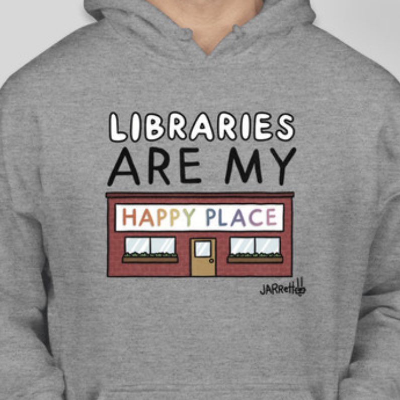 LIBRARIES ARE MY HAPPY PLACE! You’ve got just FOUR DAYS to get yourself or someone else this new design of mine on a T-shirt or sweatshirt. All proceeds go toward putting books in the hands of kids! See all the options and order here: customink.com/fundraising/li…