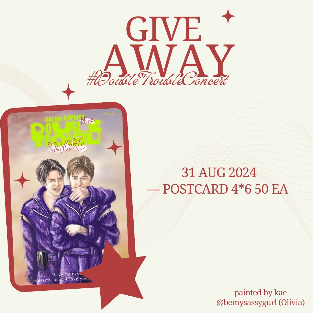 ◞♡˚  𝓰𝓲𝓿𝓮𝓪𝔀𝓪𝔂   #DoubleTroubleConcert   ୨୧ . ˚. 

♡ postcard 4*6 50 ea 

🗓️ date :  31 aug 
📍 location :  QSNCC
🕗 time :  tba

มารับน้องกันด้วยน้า  pls show this tweet ♡ 

 #GiveawaysforBKPPFC
#bkpp