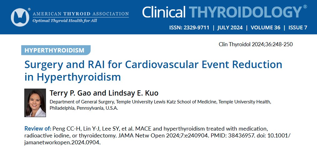 Clinical Thyroidology (@clinicalthyroid) on Twitter photo How does treatment for #GravesDisease affect #cardiovascular outcomes? Drs. Lindsay Kuo & Terry Gao data in <a href="/JAMANetworkOpen/">JAMA Network Open</a> showing #thyroidectomy or #radioactiveIodine may be superior.
ow.ly/MkG150SBQHk
#medtwitter #endotwitter #hyperthyroidism <a href="/GDATF/">Graves' Disease & Thyroid Foundation</a> <a href="/lindsaykuo/">Lindsay Kuo, MD MBA FACS</a> How does treatment for #GravesDisease affect #cardiovascular outcomes? Drs. Lindsay Kuo & Terry Gao data in <a href="/JAMANetworkOpen/">JAMA Network Open</a> showing #thyroidectomy or #radioactiveIodine may be superior.
ow.ly/MkG150SBQHk
#medtwitter #endotwitter #hyperthyroidism <a href="/GDATF/">Graves' Disease & Thyroid Foundation</a> <a href="/lindsaykuo/">Lindsay Kuo, MD MBA FACS</a>
