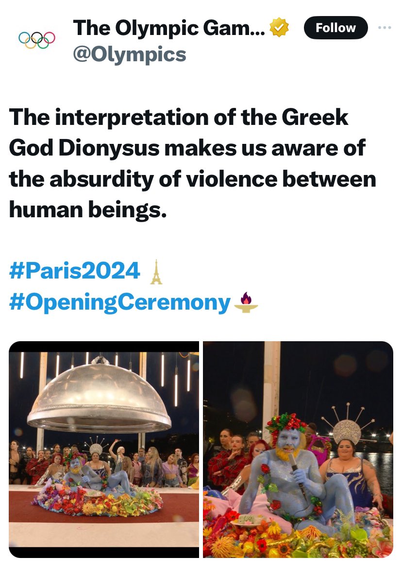 drinks2muchwine's tweet photo. Right, to all the pearl clutchers, bleating about Christianity and the Olympics just STOP. You are wrong. It was about the Greek God Dionysus, the youngest of the Olympian Gods. Get a grip for fuck’s sake. https://t.co/RvGQcCz5V9