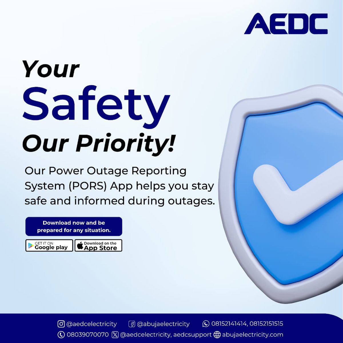 aedcelectricity's tweet photo. Out of power? Report it effortlessly with our Power Outage Reporting System(PORS) app.
#AEDC #PORS
#PowerOutageReporting
#EasyReporting
#PowerofCommitment https://t.co/sGmu9JDDTN