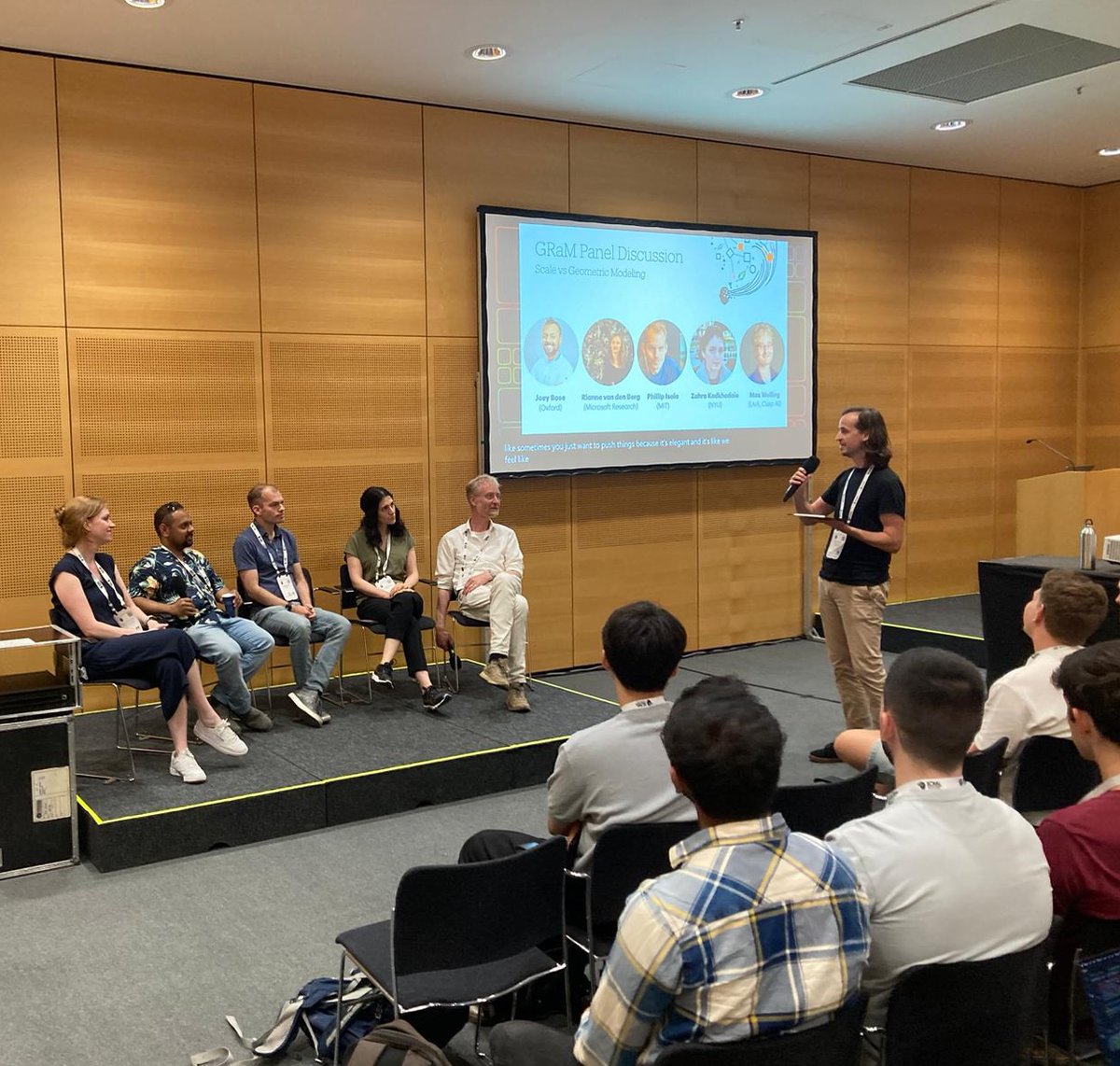 GRaM Workshop at ICML 2024 (@gram_org_) on Twitter photo The #GRaM panel discussion on scale vs geometric modeling has begun! Great to have <a href="/vdbergrianne/">Rianne van den Berg</a> , <a href="/bose_joey/">Joey Bose</a> , <a href="/phillip_isola/">Phillip Isola</a> , <a href="/ZKadkhodaie/">Zahra Kadkhodaie</a> , and <a href="/wellingmax/">Max Welling</a> weighing in on this timely topic, moderated by <a href="/erikjbekkers/">Erik Bekkers</a> The #GRaM panel discussion on scale vs geometric modeling has begun! Great to have <a href="/vdbergrianne/">Rianne van den Berg</a> , <a href="/bose_joey/">Joey Bose</a> , <a href="/phillip_isola/">Phillip Isola</a> , <a href="/ZKadkhodaie/">Zahra Kadkhodaie</a> , and <a href="/wellingmax/">Max Welling</a> weighing in on this timely topic, moderated by <a href="/erikjbekkers/">Erik Bekkers</a>