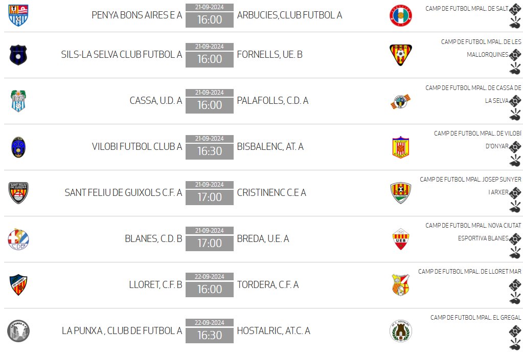 👉 Jornada 1 - #3Cat G.2

📆 Dissabte 21 de setembre
⚽️ <a href="/CePenyaBA/">CE Penya Bons Aires</a> - <a href="/ArbuciesCF/">Arbúcies Club Futbol</a>
⚽️ <a href="/cfsils/">C.F.SILS</a> - <a href="/fornellsue/">UE Fornells</a> B
⚽️ <a href="/UDCassa/">UD Cassà</a> - <a href="/CD_Palafolls/">C.D. Palafolls</a>
⚽️ <a href="/FCVilobi/">FC Vilobí</a> - <a href="/AtlBisbalenc/">Atlètic Bisbalenc</a>
⚽️ <a href="/cfsfeliuguixols/">CF Sant Feliu de Guíxols</a> - <a href="/CristinencCe/">C.E. Cristinenc ⚽️</a>
⚽️ <a href="/CDBlanesOficial/">Club Deportiu Blanes</a> B - <a href="/uebreda/">Unió Esportiva Breda</a>
