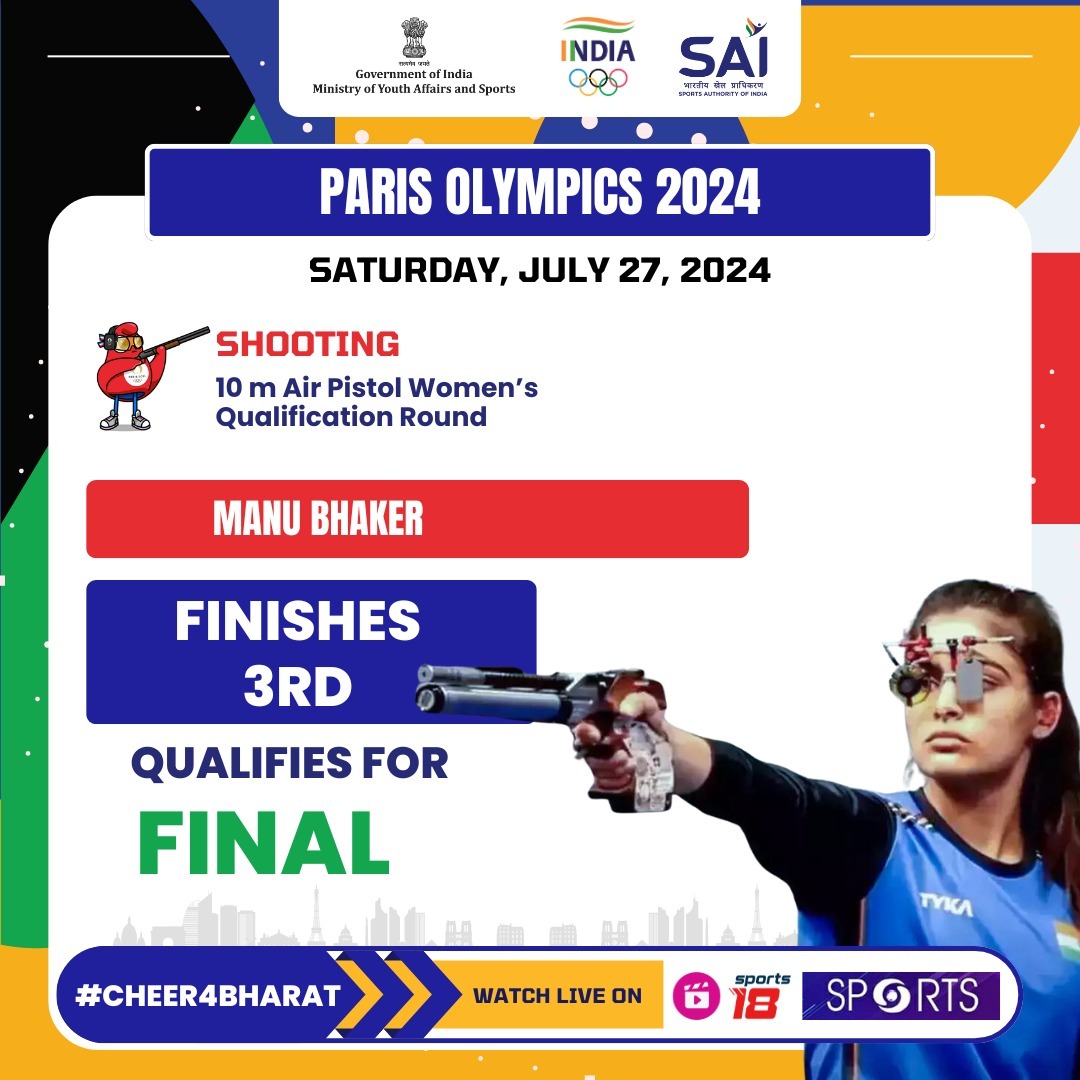 DDNewslive's tweet image. Manu Bhaker proceeded to the finals of the 10 m Air Pistol women’s event with a qualification score of 580. She also shot the highest number of Perfect Scores (27) among all in the round. Her finals is scheduled for 3:30pm IST on July 28.

@YASMinistry @Paris2024 @IndiaSports…