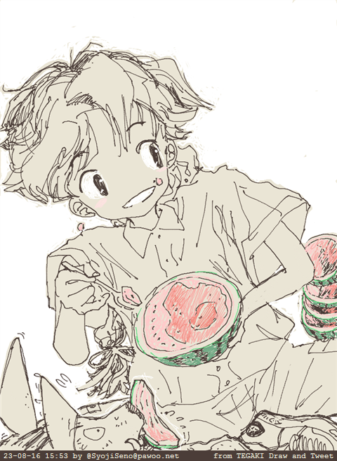 #スイカの日
・「スイカってやつは2つに割ってスプーンで食べるのがアタシの流儀なの。」
・『夏はスイカ!』
・「棒なんかでスイカ割ったら砂だらけで食べにくくなっちゃうわ!」
・「夏になーると思い出すぅ♪」
#tegaki_dt #Archive 