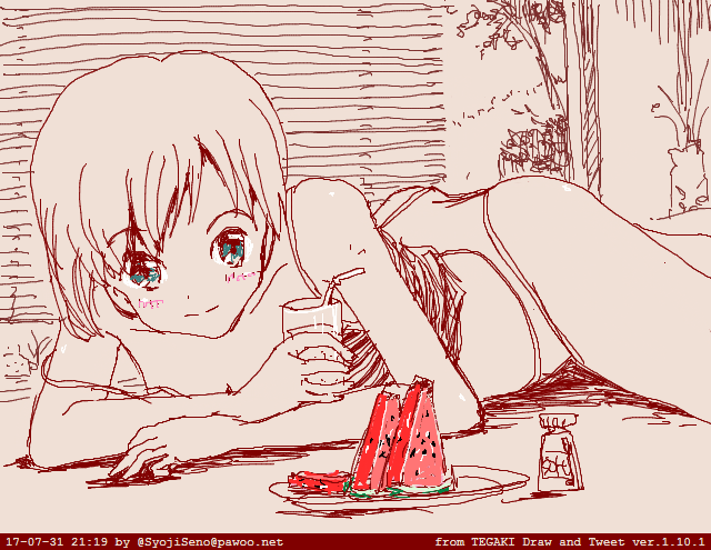 #スイカの日
・「スイカってやつは2つに割ってスプーンで食べるのがアタシの流儀なの。」
・『夏はスイカ!』
・「棒なんかでスイカ割ったら砂だらけで食べにくくなっちゃうわ!」
・「夏になーると思い出すぅ♪」
#tegaki_dt #Archive 