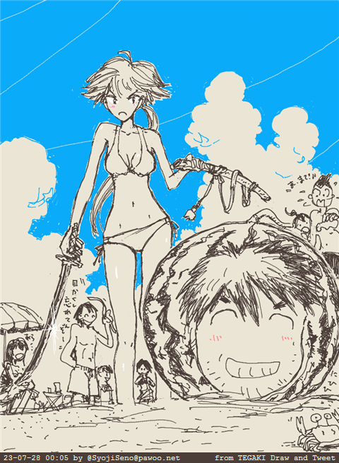 #スイカの日
・「スイカってやつは2つに割ってスプーンで食べるのがアタシの流儀なの。」
・『夏はスイカ!』
・「棒なんかでスイカ割ったら砂だらけで食べにくくなっちゃうわ!」
・「夏になーると思い出すぅ♪」
#tegaki_dt #Archive 