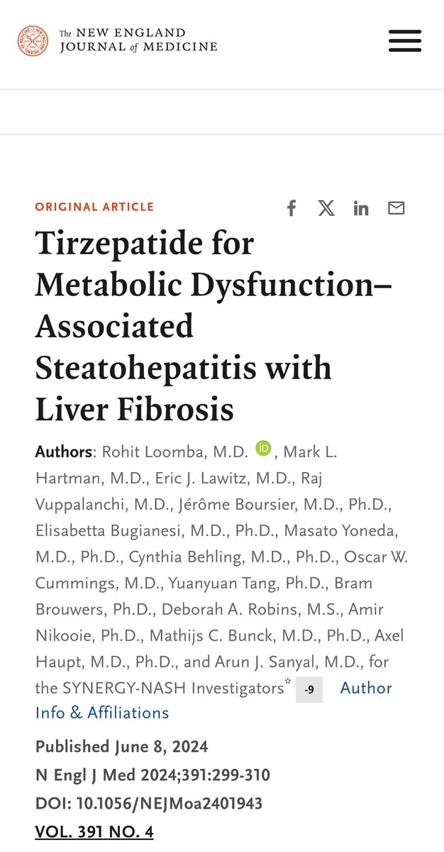 SFR ICAT (@icat_sfr) on Twitter photo Tirzepatide for Metabolic Dysfunction–Associated Steatohepatitis with Liver Fibrosis
Terrific new study in <a href="/NEJM/">NEJM</a> involving <a href="/JeromeBoursier/">boursier jerome</a> HIFIH lab <a href="/icat_sfr/">SFR ICAT</a> 🔥
Congrats to Jérôme and his team 👌
<a href="/UA_Recherche/">Recherche et Innovation – Université d’Angers</a>
<a href="/chu_angers/">CHU Angers</a>
@FacSante_Angers
<a href="/InsermGrdOuest/">Inserm Grand Ouest</a>
nejm.org/doi/full/10.10… Tirzepatide for Metabolic Dysfunction–Associated Steatohepatitis with Liver Fibrosis
Terrific new study in <a href="/NEJM/">NEJM</a> involving <a href="/JeromeBoursier/">boursier jerome</a> HIFIH lab <a href="/icat_sfr/">SFR ICAT</a> 🔥
Congrats to Jérôme and his team 👌
<a href="/UA_Recherche/">Recherche et Innovation – Université d’Angers</a>
<a href="/chu_angers/">CHU Angers</a>
@FacSante_Angers
<a href="/InsermGrdOuest/">Inserm Grand Ouest</a>
nejm.org/doi/full/10.10…