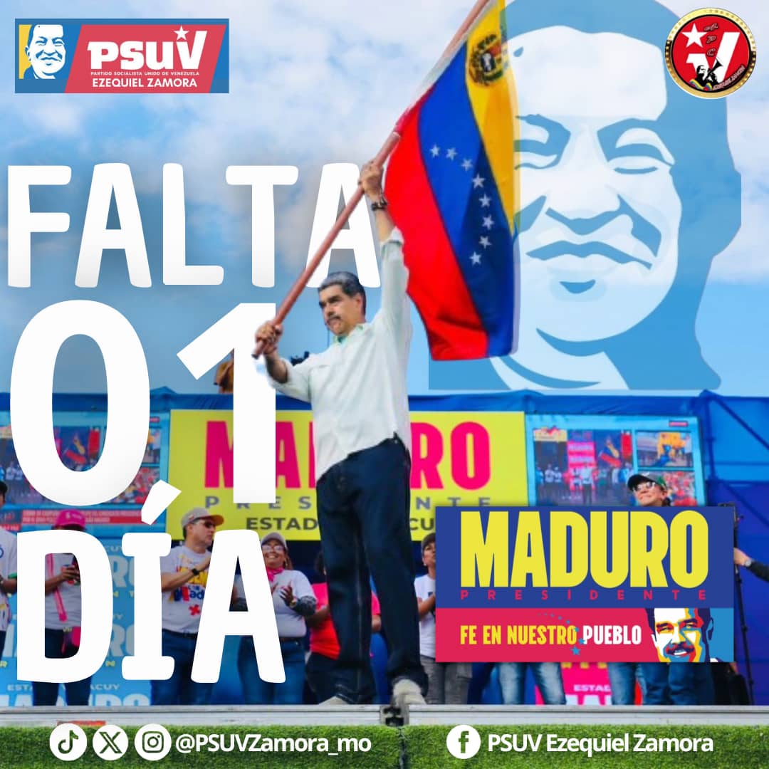 🟨🟦🟥🟨🟦🟥🟨🟦🟥
Aquí nuestro contador Zamorano!!!

A Solo  1️⃣ días para la victoria contundente.

_Nicolás Maduro presidente_ 

*Psuvezamora_mo*

<a href="/NicolasMaduro/">Nicolás Maduro</a> 
<a href="/dcabellor/">Diosdado Cabello R</a> 
<a href="/jorgerpsuv/">Jorge Rodríguez</a> 
<a href="/ErnestoLunaPsuv/">Ernesto Luna G.</a> 
<a href="/Oscarcpsuv/">Oscarcpsuv</a> 
<a href="/PartidoPSUV/">PSUV</a> 
<a href="/psuvmonagas_ve/">𝗣𝗦𝗨𝗩 𝗠𝗢𝗡𝗔𝗚𝗔𝗦</a>