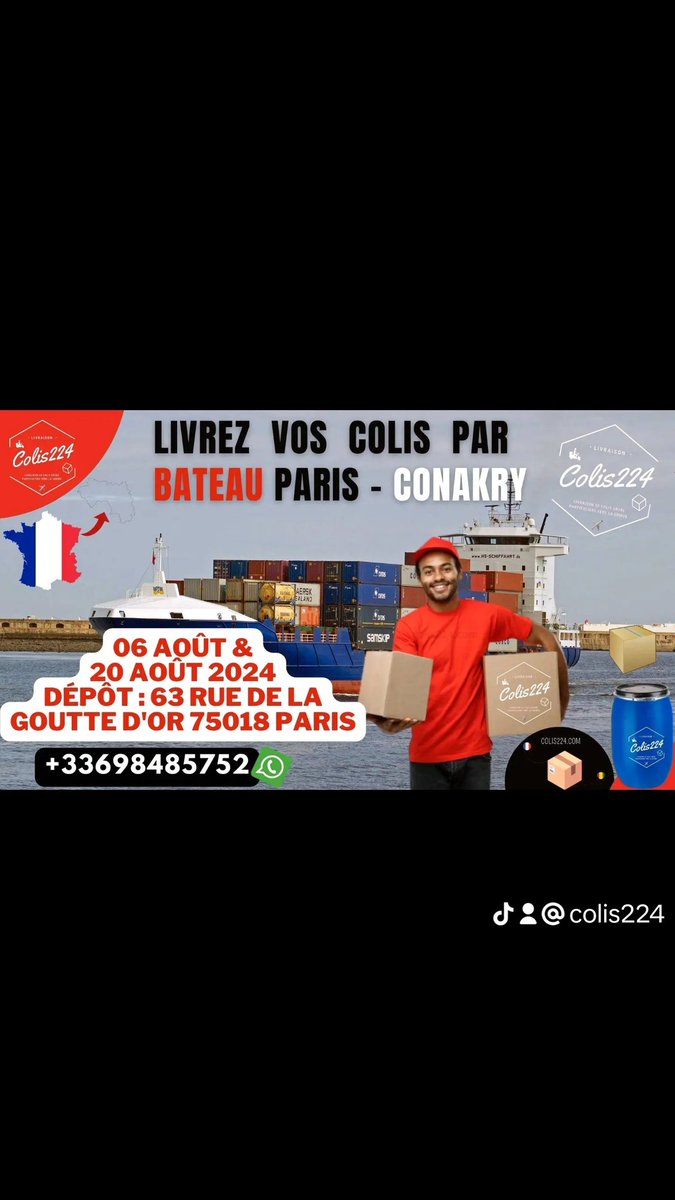 colis224's tweet photo. ✨🚢 **Prochaines dates d'envois par bateau avec Colis224!** 🚢✨

📅 **06 août 2024** : Envoi de conteneur et carton colis Paris-Conakry
📅 **20 août 2024** : Envoi de conteneurs Paris-Conakry

Notre camion passe récupérer vos colis directement à domicile partout en Île dFrance. https://t.co/JkKjo68Ge3