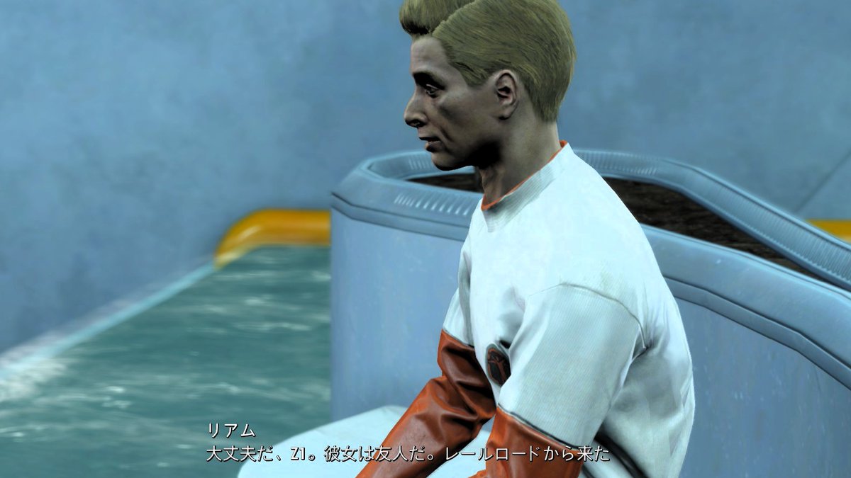 NamaSaotome_2's tweet image. アトリウムにて、互いの目を見ないように秘密の会話を交わす。このあたりいかにも秘密任務っぽいね。
このZ1-14は逃亡作戦の重要な連絡員で、他の逃亡希望人造人間を代表してリアムと打ち合わせをする役目です。　
#フォールアウト4　#Fallou