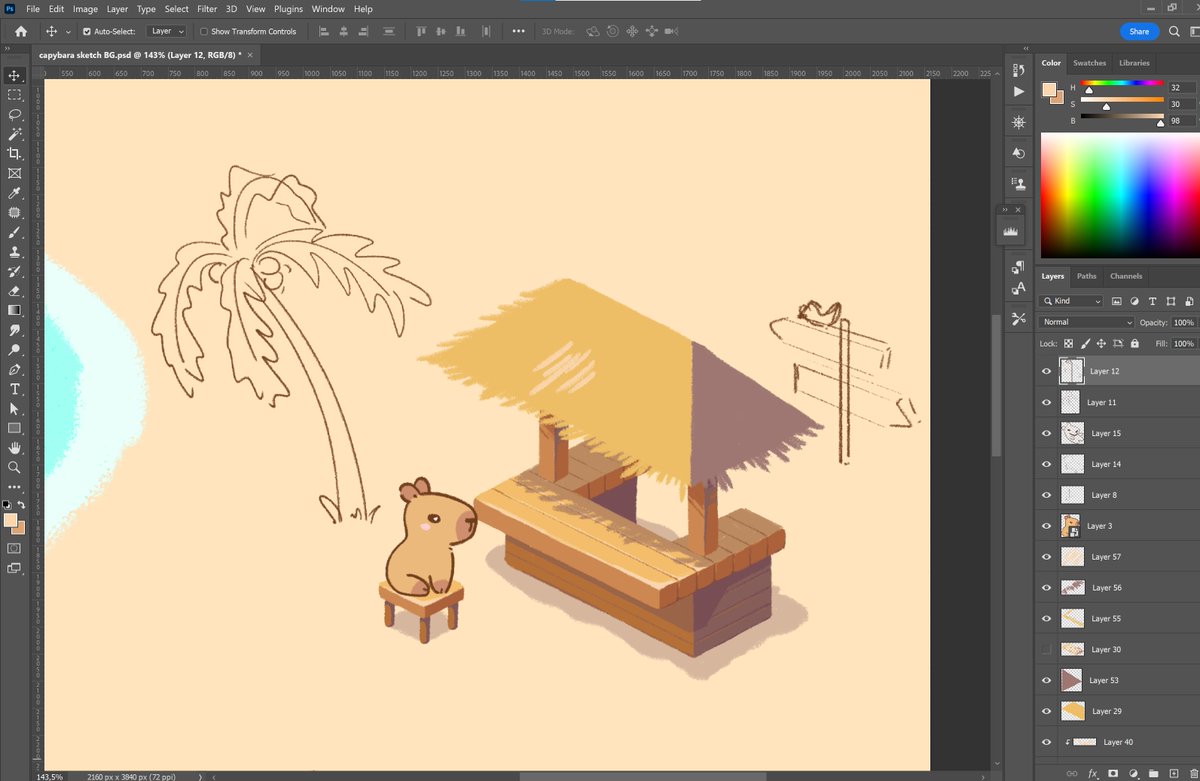 I'm trying to find a good art style for a game about cute capybara #Capybara #gameart #indiegame #IndieGameDev #screenshotsaturday #WIP #drawing