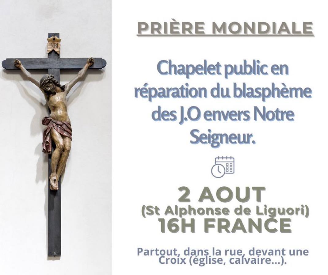 2 août : #chapelet public en réparation du blasphème des #JO envers Notre-Seigneur Jésus-Christ
#OlympicGames 
#JeuxOlympiques sataniques
#Olympics2024Paris