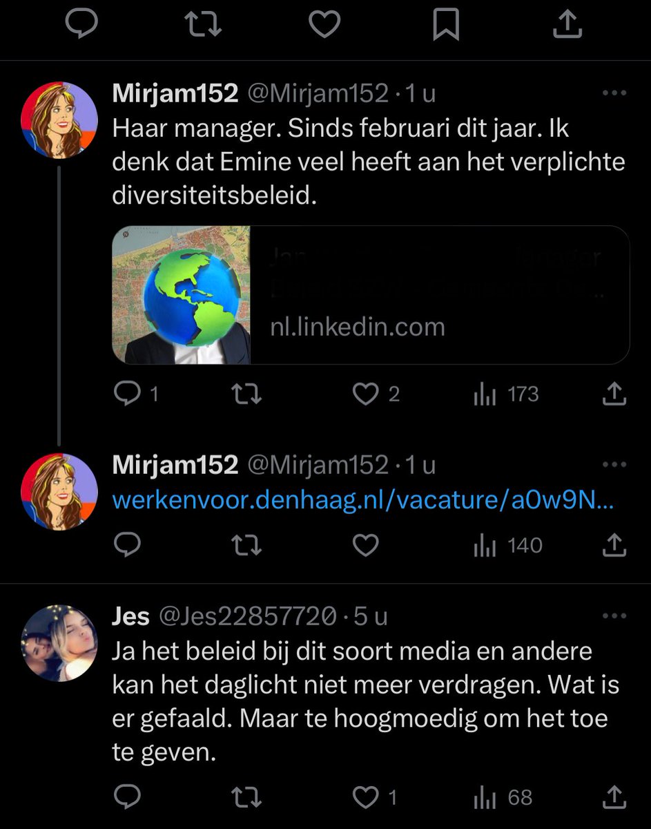 overlistener's tweet photo. Ik heb Twitter de afgelopen dagen genegeerd, maar voor de goede orde en de laatste keer:
Vorig jaar werden gegevens van mijn leidinggevende gedeeld door Mirjam152 in een gesprek met Wierd Duk. Iemand sprak hem daarop aan en vroeg hem of hij daar afstand van wilde nemen. Wierd begon als reactie daarop uit het niets ZELF over zijn dochter, waarbij hij loog dat ik haar had gestalkt met meerdere berichten, terwijl zijn dochter zgn. niet eens wist wie ik was. Om die leugens te weerleggen, heb ik de bonnetjes en screenshots gedeeld. Zij volgde mij namelijk en het ging om één bericht. Als hij zijn dochter niet in situaties wilde betrekken, had hij niet uit het niets zelf over haar moeten beginnen, maar vooral: had hij er niet over moeten liegen. Want als je liegt, dwing je mensen om met bonnetjes te komen en dan open je zelf die deur. Overigens was het waarschijnlijk een met Mirjam152 besproken en vooropgezette move om over het DM bericht te beginnen, om de aandacht af te leiden van het feit dat ze het Linkedin profiel van mijn leidinggevebde hadden gedeeld, aangezien Mirjam later tegen hem zegt: "ik zei toch al dat ze XYZ zou zeggen"(zie screesnhot). Het was dus niet spontaan dat hij over mijn bericht aan zijn dochter begon, maar vooraf besproken met Mirjam. 
Wat betreft het DM bericht: ik werd samen met andere grote accounts getagd in een bericht waar zijn dochter en haar familie in Rusland allerlei walgelijke dingen werden toegewenst. Ik stuurde een DM om haar een hart onder de riem te steken. Daar heb ik nul spijt van en ik zou het zo weer doen, ongeacht wie het is. Dat Wierd daar een kwaadaardige draai aan probeert te geven, is het zoveelste bewijs van zijn tactiek om modder te gooien naar mensen, in de hoop dat er iets van blijft kleven. Hoe dan ook. Nothing new to see here, we can all move along.