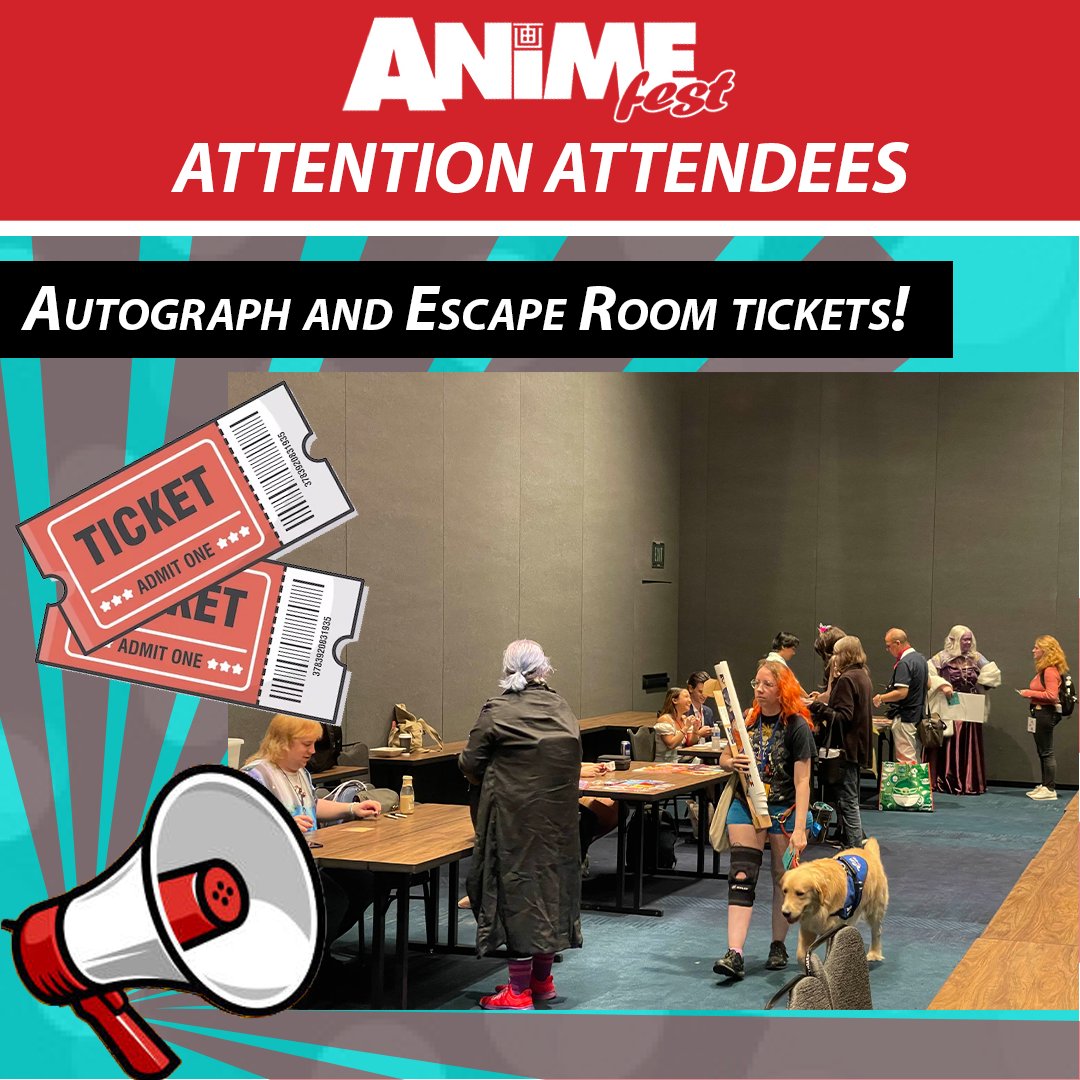 Get FREE tickets for autographs and the Escape Room! Located on the first floor, Monument Ballroom B: Autographs.
The Escape Room activities will be held at 12PM and 9:30PM on the 2nd floor in the VTuber room! Go check it out!
Autographs will be held throughout the day!