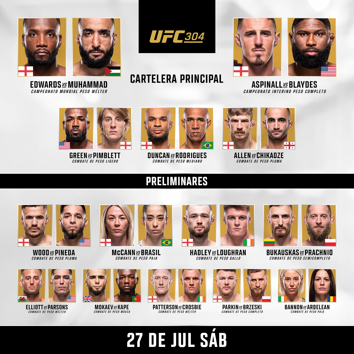 Cartelera de HOY! #UFC304

ESTELARES 10pm ET 🇺🇸 / 8pm 🇲🇽 / 11pm 🇦🇷 / 4am 🇪🇸
PRELIMS 8pm ET 🇺🇸 / 6pm 🇲🇽 / 9pm 🇦🇷 / 2am 🇪🇸
PRIMERAS PRELIMS 6pm ET 🇺🇸 / 4pm 🇲🇽 / 7pm 🇦🇷 / 12am 🇪🇸