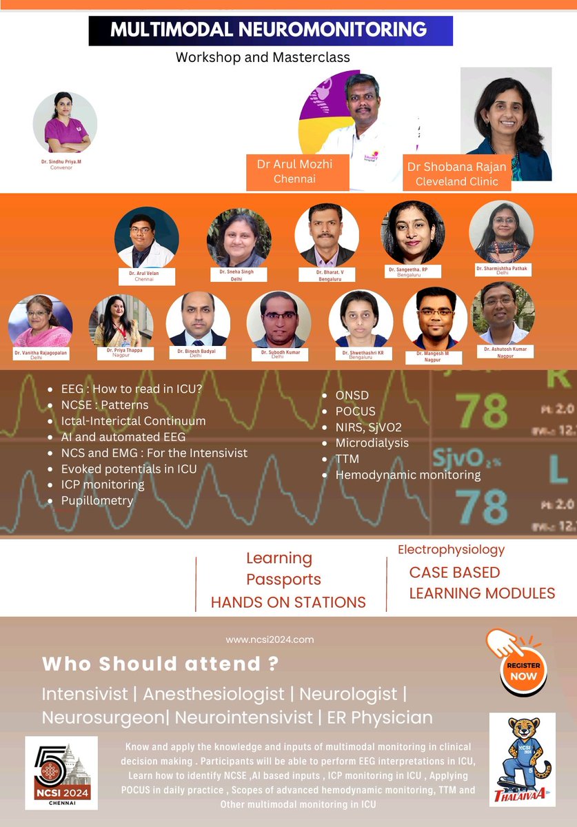 Integrating clinical examination with multimodal monitoring is the key in decision making and providing precision care. A full day workshop on EEG and multimodal neuro monitoring will help in understanding the technology, applications, limitations and integrating clinical care.