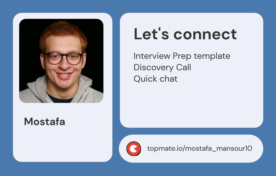 أي حد من إخواتنا بفلسطين أو السودان محتاج مساعدة و mentorship ف الsoftware engineering ممكن يخشوا اللينك ده و يحجزوا معاد لمكالمة مساعدة ف الكارير, مراجعة للسي في, تحضير للإنترفيو و غيره و يستعملوا كود PALSUDAN عشان خصم 100%
topmate.io/mostafa_mansou…