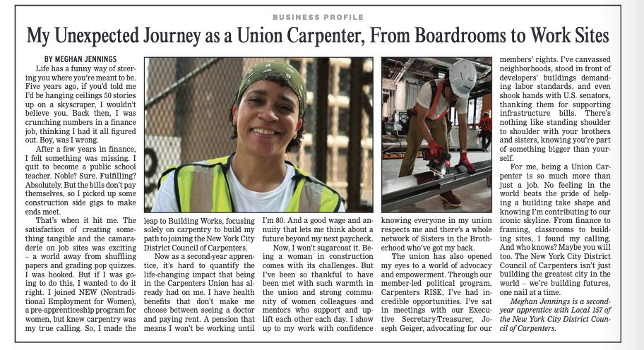 Meghan Jennings, a 2nd-year apprentice with <a href="/CarpentersNyc/">NYC District Council of Carpenters</a> Local 157, wrote an op-ed for <a href="/amNewYork/">amNewYork™</a> about her journey!

“There’s nothing like standing shoulder to shoulder with your brothers and sisters, knowing you’re a part of something bigger than yourself,” Meghan wrote.