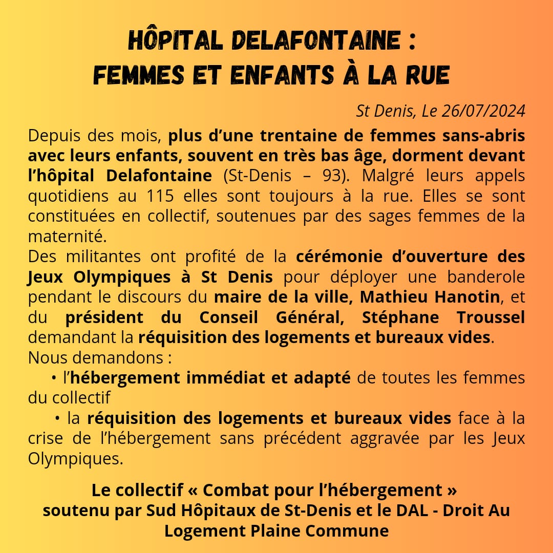 Soutien a aux femmes et enfants de l'hopital,Delafontaine 93 !! Réquisition des logements et immeubles vides !!