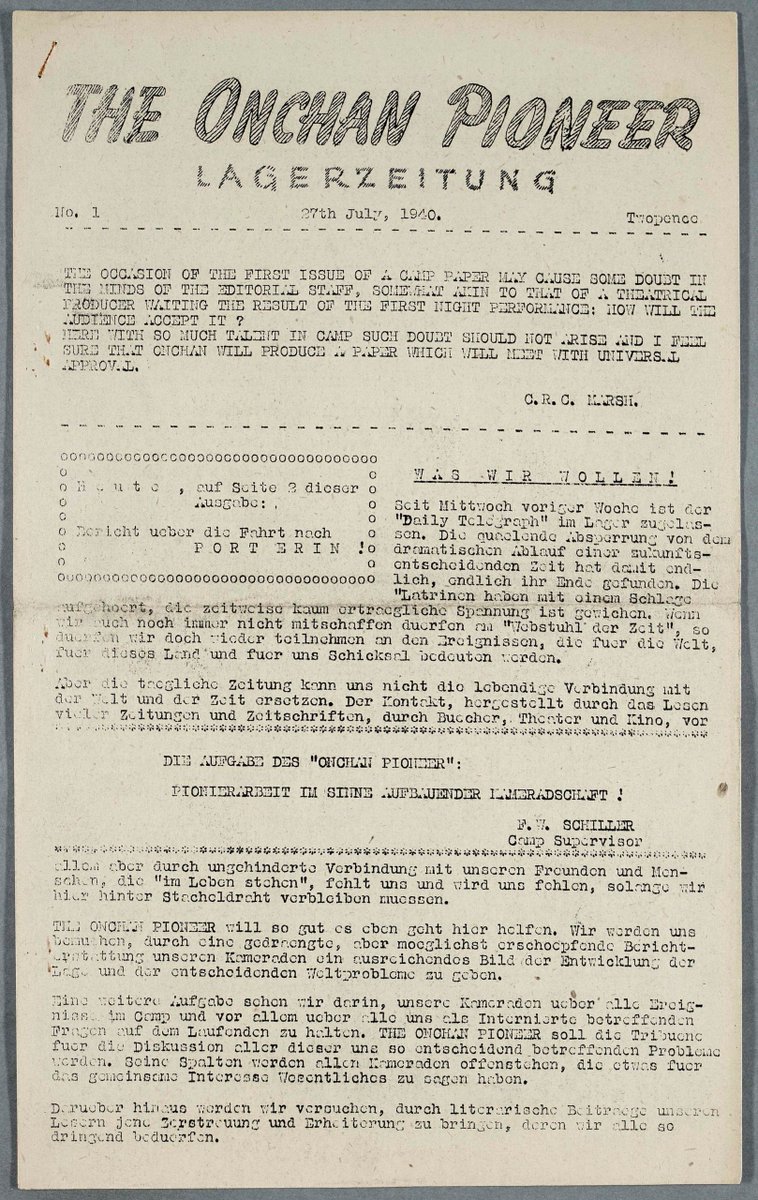 wienerlibrary's tweet photo. This edition of The Onchan Pioneer, a newsletter published by internees at the Onchan internment camp on the Isle of Man, was published #OnThisDay in 1940
Find out more via our #CollectionHighlights https://t.co/wdxMH6NQBI https://t.co/Toui0OKhiJ