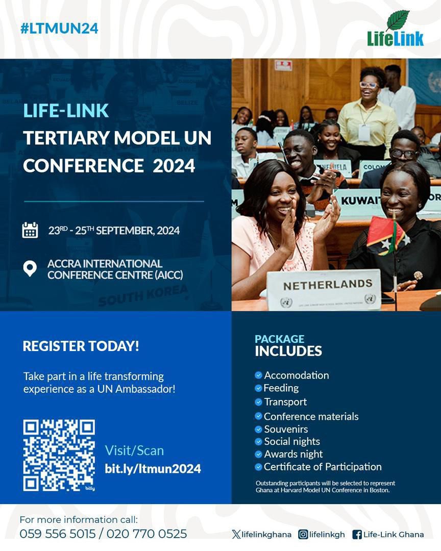 quame_isa's tweet photo. Enjoy accommodation, feeding, transport, and more at the LifeLink Tertiary Model UN Conference 2024!
Register now using this link: https://t.co/xsewQe2AsW
#LTMUN24 #GreatTimeToBeYoung https://t.co/qnM300lTxq
