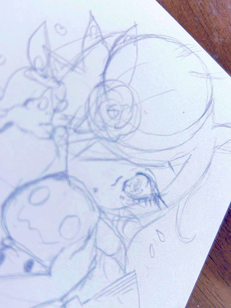 これはいつぞかの年賀状に描こうとして頓挫したライスちゃんとミミッキュとモシモシ(　˙▿˙　)☝