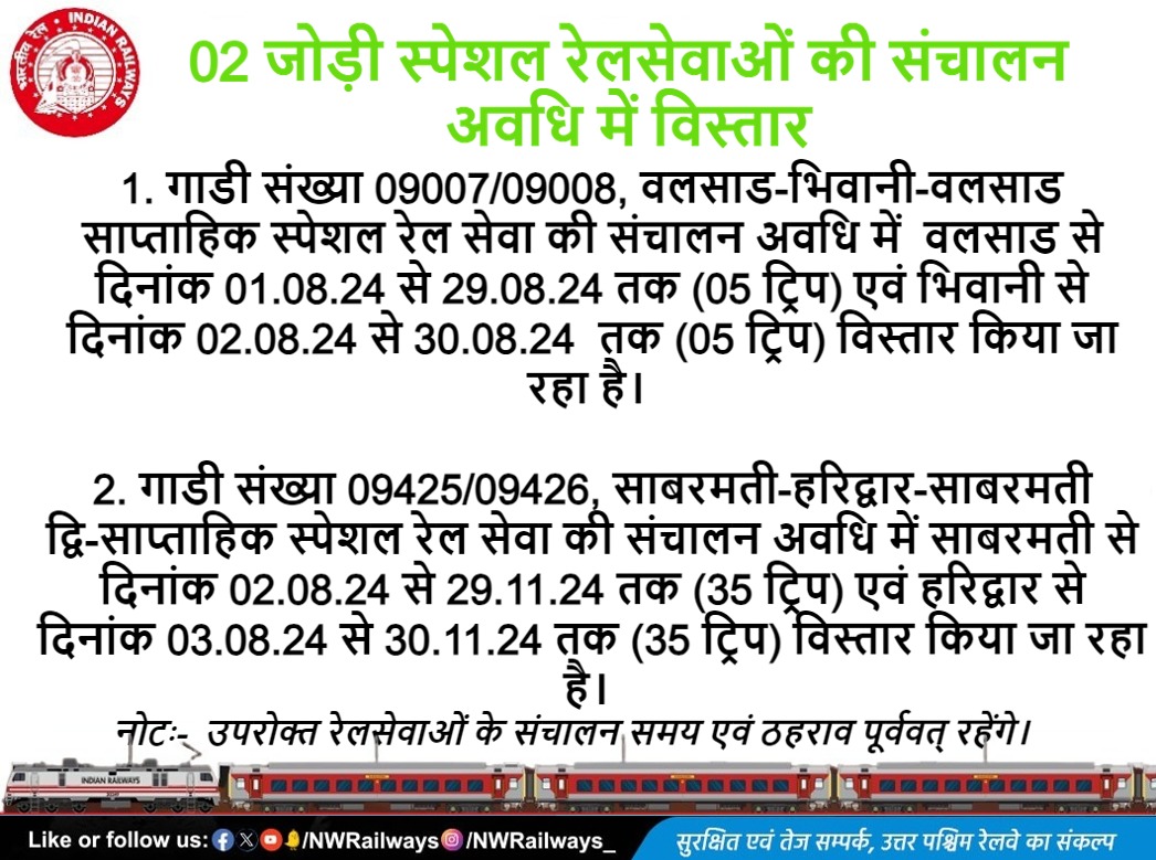 गाडी संख्या 09425/26 साबरमती - हरिद्वार - साबरमती द्वि-साप्ताहिक स्पेशल रेलसेवा को नियमित नंबर से चलाया जाए। इस गाड़ी का यात्री भार अच्छा रहता हैं!
<a href="/AshwiniVaishnaw/">Ashwini Vaishnaw</a> <a href="/NWRailways/">North Western Railway</a> <a href="/drmadiwr/">DRM Ahmedabad</a> <a href="/DrmAjmer/">DRM AJMER</a> <a href="/DRMJaipur/">DRMjaipur</a> <a href="/BhajanlalBjp/">Bhajanlal Sharma</a> <a href="/DainikBhaskar/">Dainik Bhaskar</a> <a href="/madanrrathore/">Madan Rathore</a>