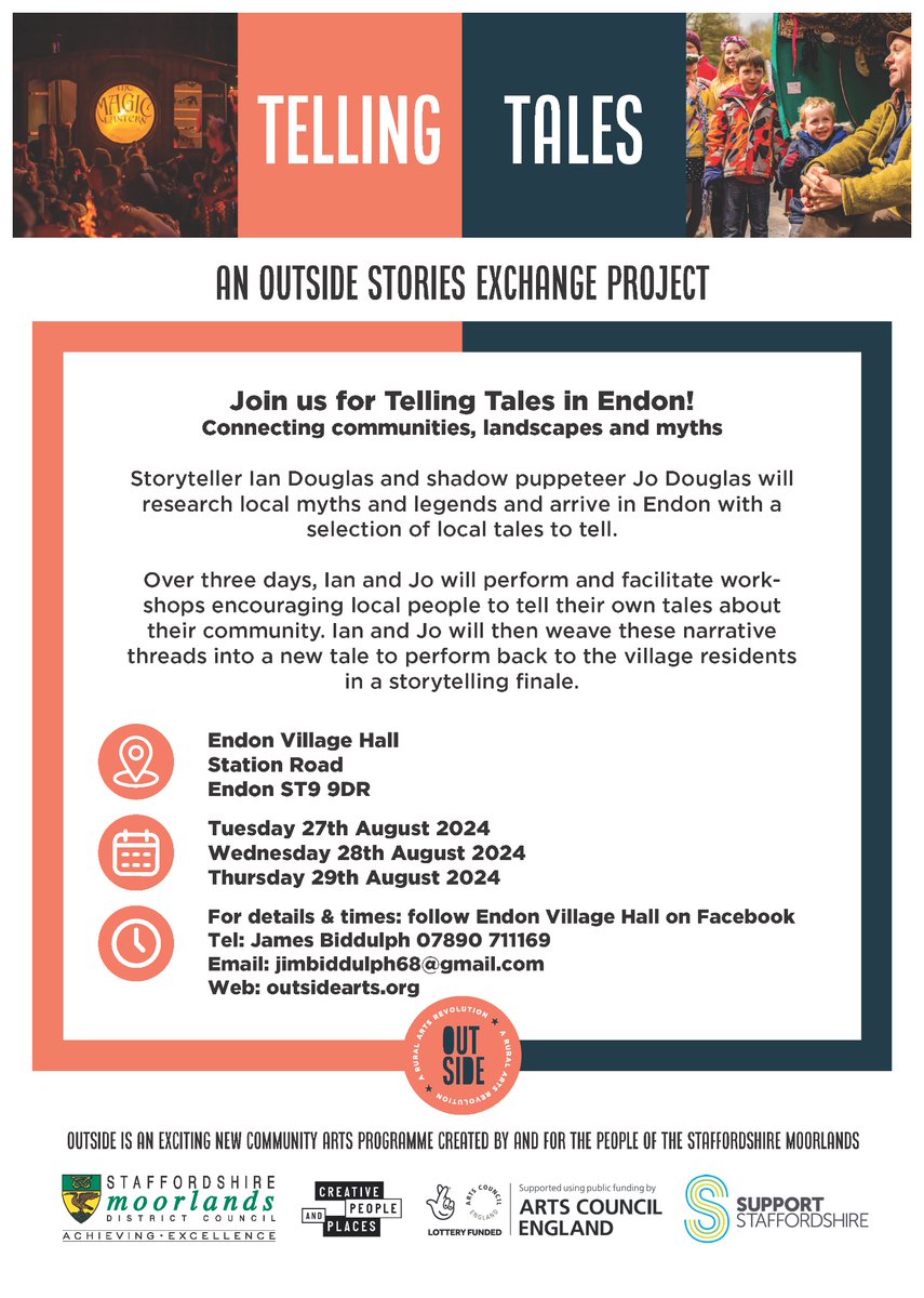 #TellingTales is back… this time in Endon! 🎉

During the 27th-29th of August, Ian and Jo Douglas will be collecting local stories from around Endon, resulting in a wonderful storytelling finale at Endon Village Hall.

More details to follow.

Event page: outsidearts.org/events/outside…